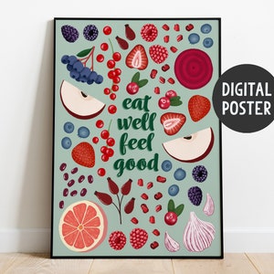 Eat well wohlfühl Poster – natürliche Superfoods, Antioxidantien, Probiotika – nahrhafte Lebensmittel zum Ausdrucken, ausdruckbare Grafiken zum Ausdrucken