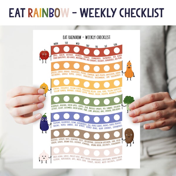 Eat Rainbow weekly checklist – Foods by colors chart – Children nutrition – Kids healthy tracker – fruit & vegetable nourishment poster