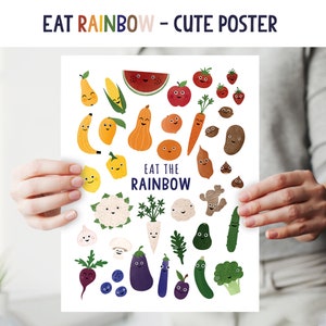 Eat Rainbow sweet cartoons poster – Healthy eating children food art, fruit & vegetable kids diet, superfoods illustration, dietician office