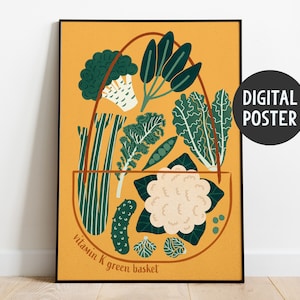 Poster Vitamine K groene groenten – gezonde printkunst – superfoods, lekker eten, plantaardige keukenillustratie, diëtistkantoorafbeelding