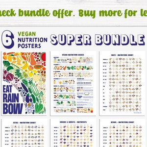 May include: A set of six vegan nutrition posters featuring colorful illustrations of fruits, vegetables, nuts, seeds, grains, and beans. The posters are titled "Eat Rainbow Bow", "Vegan Nutrition Basics", "Nuts - Nutrition Chart", "Seeds - Nutrition Chart", "Grains & Groats - Nutrients", and "Beans - Nutrition Chart".