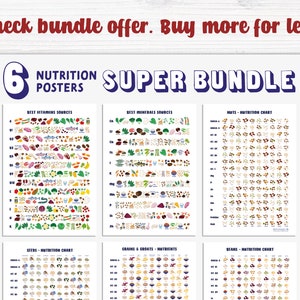 May include: A set of six colorful printable nutrition posters featuring different food groups, including nuts, seeds, grains, beans, vitamins, and minerals. Each poster lists the food sources for each nutrient.