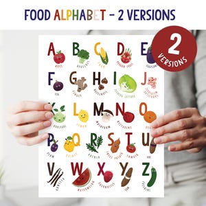 2 carteles del alfabeto saludable: alimentación colorida, arte culinario para niños, dieta infantil de frutas y verduras, ilustración de superalimentos, pegatinas de dibujos animados
