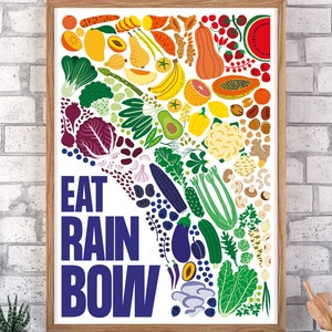 Eat rainbow food poster - fruits & vegetables, vegan, vegetarian, vitamins, minerals - teaching healthy eating, colorful happy illustration