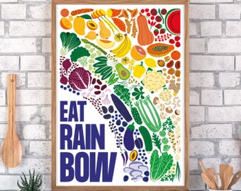 Eat rainbow food poster - fruits & vegetables, vegan, vegetarian, vitamins, minerals - teaching healthy eating, colorful happy illustration