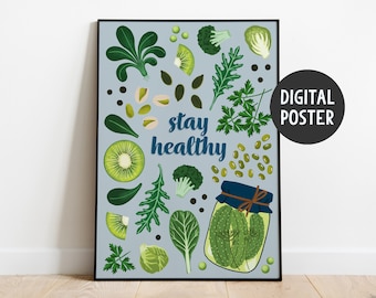 Stay Healthy superfoods poster – immune system boosters – natural antibiotics probiotics antioxidants – green power food – immunological aid