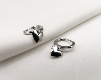 Heart Huggie Earrings in Silver, 925 Sterling Earrings, Heart Charm, Hoop Earrings with Heart Pendant, Heart Pendant, Huggie Earrings
