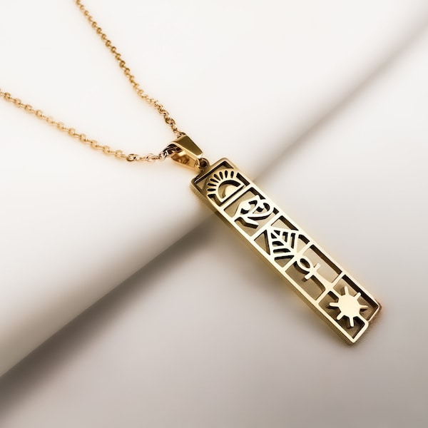 Edestahl Halskette mit ägyptischen Hieroglyphen in Silber, Kette mit Hieroglyphen Anhänger, Damen Halskette, ägyptische Halskette