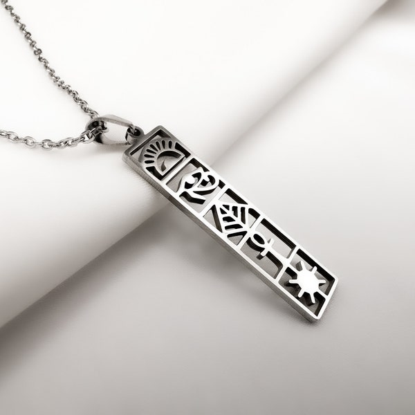 Edestahl Halskette mit ägyptischen Hieroglyphen in Silber, Kette mit Hieroglyphen Anhänger, Damen Halskette, ägyptische Halskette