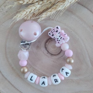 Personalized pink silicone tiger pacifier clip