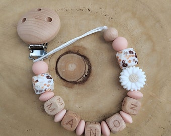 Personalized silicone and wood flower pacifier clip