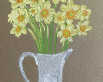 Pastel Drawing of Daffodils in a Vase - Unframed - Size 9x12in