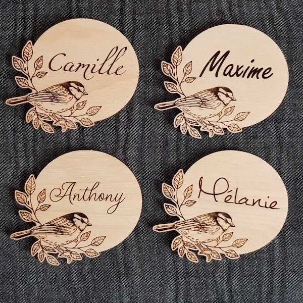 Marque places en bois personnalisé, Motif oiseau sur branche, , décoration festive