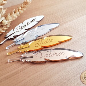 Marque place plume acrylique miroir ou bois personnalisé, décoration festive