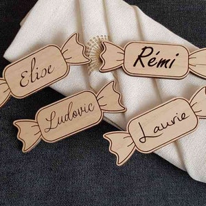 Gepersonaliseerde houten snoepplaatsmarkering, tafeldecoratie, gastronomisch thema