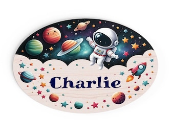 Plaque de Porte Astronaute Personnalisée, Bois ou Plexiglass Couleur, Déco espace Chambre Enfant