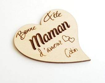 Magnet Cœur "bonne fête" personnalisable en bois, idée cadeau Maman, papa