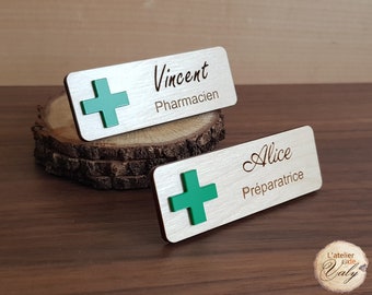 Badge en bois pharmacie personnalisé, croix verte acrylique classique, préparatrice en pharmacie, docteur en pharmacie, pharmacien