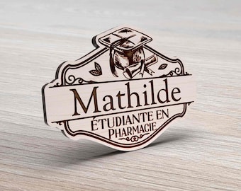 Badge vintage en bois étudiant, élève pharmacien, personnalisé vintage apothicaire