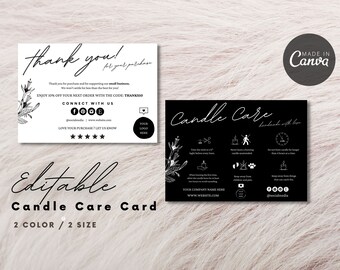 May include: Two-sided candle care card with a black and white design. One side says "thank you" with floral accents and social media icons. The other side says "Candle Care" with care instructions and icons. The card is editable and comes in two colors and sizes.