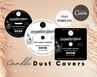 May include: Candle dust cover templates with a black and white design. The covers feature the text "Pumpkin Spice" and include space for a logo and social media handles. The covers are labeled "Handpoured Soy Wax Candle" and "Made in California."