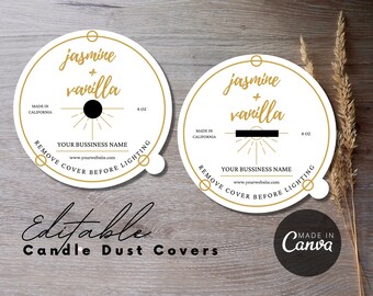 May include: Two white candle dust covers with gold accents, featuring "jasmine + vanilla" text. The covers include the text "Remove cover before lighting" and "Your business name". The image also includes the text "Editable Candle Dust Covers".