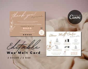 Editable Wax Melt Care Card, Printable Wax Melt Care Template, Wax Melt Safety, Small Candle Bussiness Canva Template, Pink Wax Melt Cards