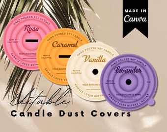 Minimalist Editable Candle Dust Cover Design, Cricut Dust Covers Template, Printable Candle Cover Dust Lid Design, Canva Template