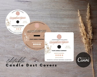 May include: Three candle dust covers with a Pumpkin Spice theme. The covers are round and square, in shades of brown and white, with floral accents and the text "Pumpkin Spice". The net weight is 6 oz / 170 g. The text "Remove cover before lighting" is also visible.