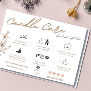 May include: A white card with candle care instructions, featuring text and icons in brown and black. The card includes tips on trimming wicks, burning times, and safety precautions. The words "Candle Care" and "handmade with love" are also present.