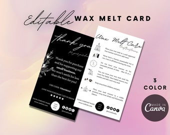 Wax Melts Care Card Template, Editable Wax Melt Care Instructions Card, Black Wax Melt Care Guide Canva Template, Boho Wax Melt Care