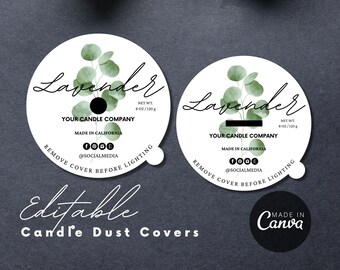 May include: White candle dust covers with "Lavender" script, eucalyptus sprig, and company details. Includes social media icons and a "Remove cover before lighting" warning. Net wt. 8 oz / 120 g.