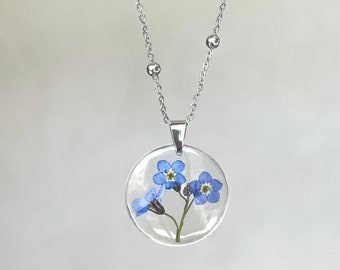 Collana in resina con fiori di non ti scordar di me, ciondolo non ti scordar di me, gioiello resina, Collana con fiori veri do not forget me