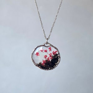 Necklace with lava stone and real flowers, resin pendant with volcanic sand from Etna, volcano sicily resin energy stone necklace