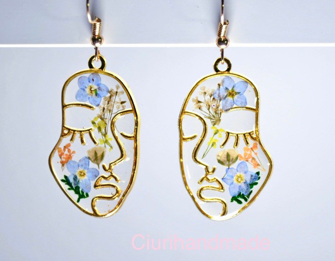 Vergissmeinnicht Ohrringe Aus 14K Vergoldung – Tropfenform, Gepresste Blumen, 33 Mm, Elegant Für Frauen & Mädchen