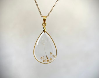 Resin necklace with dandelion dandelion, Resin dandelion necklace. Gold leaves. Drop necklace, golden drop dandelion pendant
