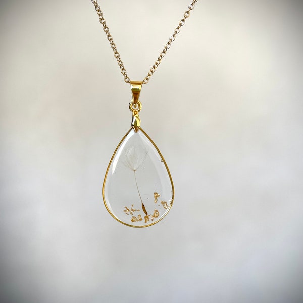 Resin necklace with dandelion dandelion, Resin dandelion necklace. Gold leaves. Drop necklace, golden drop dandelion pendant