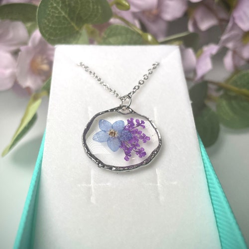 Flower Necklace Resin Jewel With Myosotis Etsy