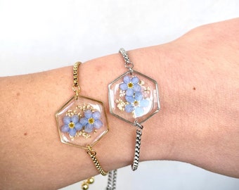 Bracciale con fiori di Non ti scordar di me, bracciale in resina con fiori do not forget me not bracciale donna in resina fiori veri