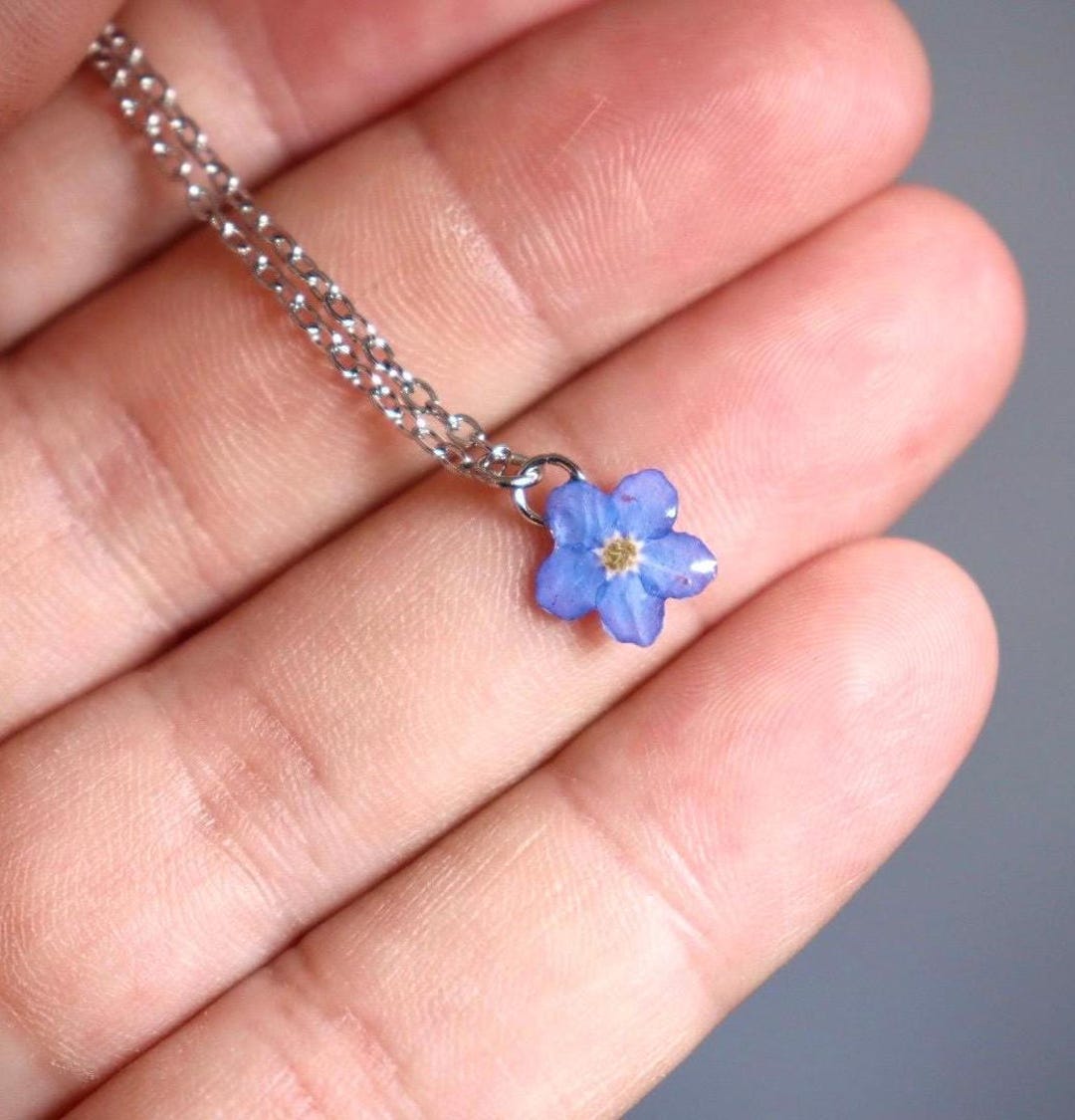 Ciondolo Argento 925 Con Fiore Naturale - Non Ti Scordar Di Me In Resina - Gioiello Artigianale Con Catena 50 Cm