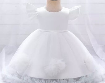 Cute Baby Girl White Satin and Chiffon Dress |Long Baby Gown For Party| Baby Shower Gift| Daughter’s First birthday Outfit|Christmas dress