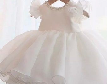 Cute Baby Girl White Satin Dress| Long Chiffon Dress| Sleeveless Baby Girl Dress| Baptism Gown| Baby Christening Gown| 2nd birthday dress