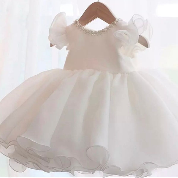 Cute Baby Girl White Satin Dress| Long Chiffon Dress| Sleeveless Baby Girl Dress| Baptism Gown| Baby Christening Gown| 2nd birthday dress