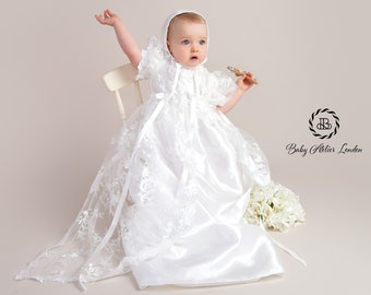 Nettes langes Babytaufkleid und Baby-Satin-Mütze | Langes Baby Tauf Outfit| Baby Mütze und Kleid Dusche Geschenk | Baby Fotoshooting Kleid