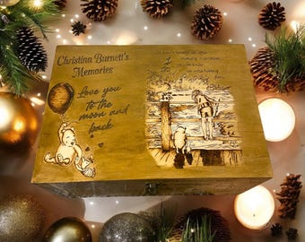Extra Large Custom Designed Winnie the Pooh Inspired Wooden Hand Burned Bereavement/Memory box