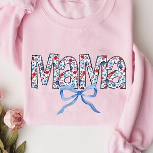 4th of July Mama Flower T-Shirt, Coquette Bow Mama T-Shirt, Patriotic 4th Of July Grandma Gift, USA Mama t-shirt,  American Mama Shirt
