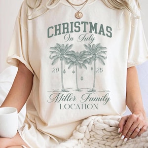 Personalized Family Christmas In July Shirt, Christmas In Summer Shirt, Tropical Christmas Family Gift, Xmas In July Gift, Xmas Summer Tee