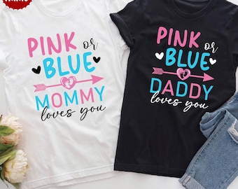ピンクまたはブルーの「We Love You」シャツ、ピンクまたはブルーの性別発表Tシャツ、性別発表パーティーシャツ、新米パパ・新米ママシャツ