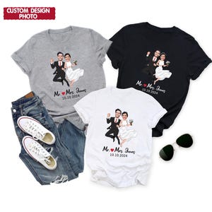 Camiseta personalizada de boda para el Sr. y la Sra., camisetas personalizadas con foto de los novios, camiseta con caricatura de pareja, camiseta de dibujos animados de boda