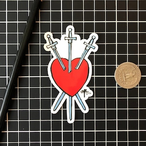 Three of Swords Rider Waite Tarot Card Sticker Handmade Die Cut Decal | Waterproof Laptop Water Bottle Car Phone Vintage Cartoon Book Zodiac